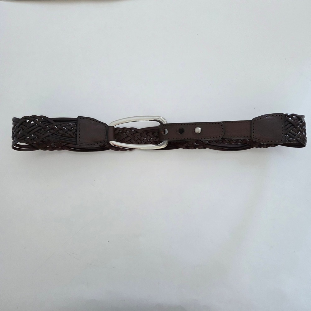 Brown Woven 100% Leather Belt Silver Buckle